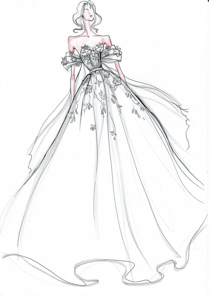 Woman in floral off-shoulder ball gown sketch.