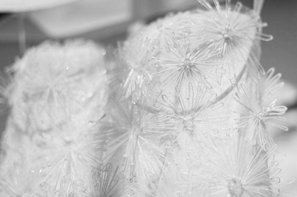 Close-up of white fabric with 3D floral details.