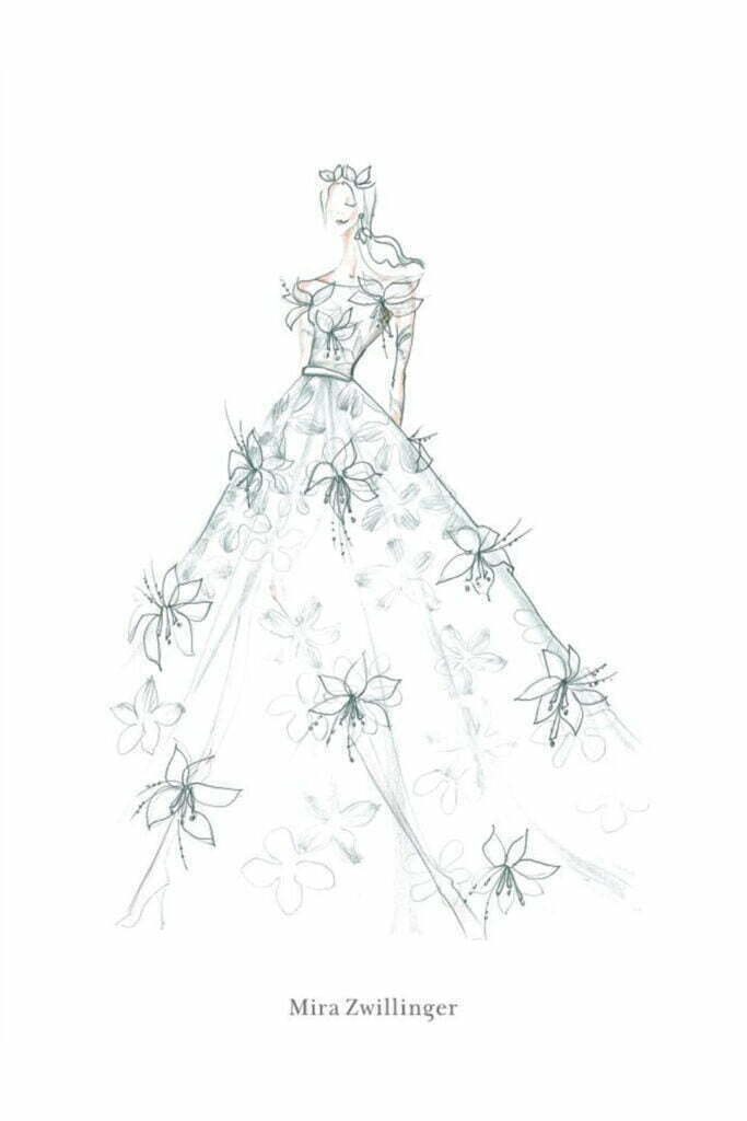 Sketch of woman in floral Mira Zwillinger gown.