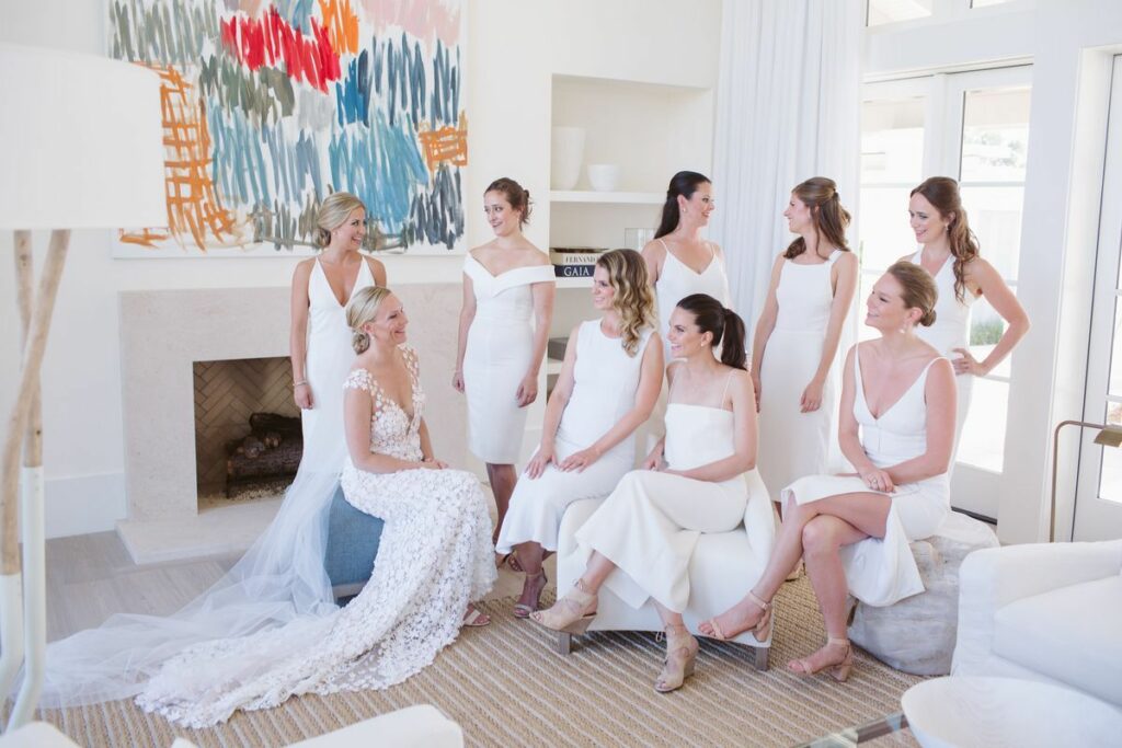 Mira bride with her bridesmaids in white