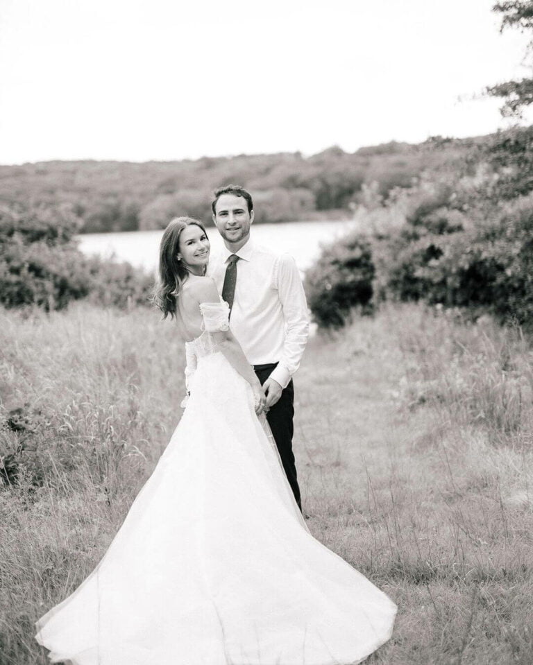 Lucy wearing Sallee gown & detachable draped sleeves