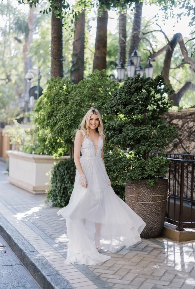 Dale wearing custom Sophia gown