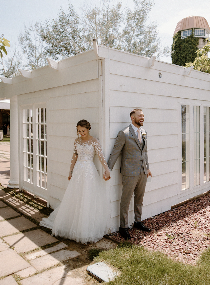 Jenna wearing Mila gown, matching veil & matching topper