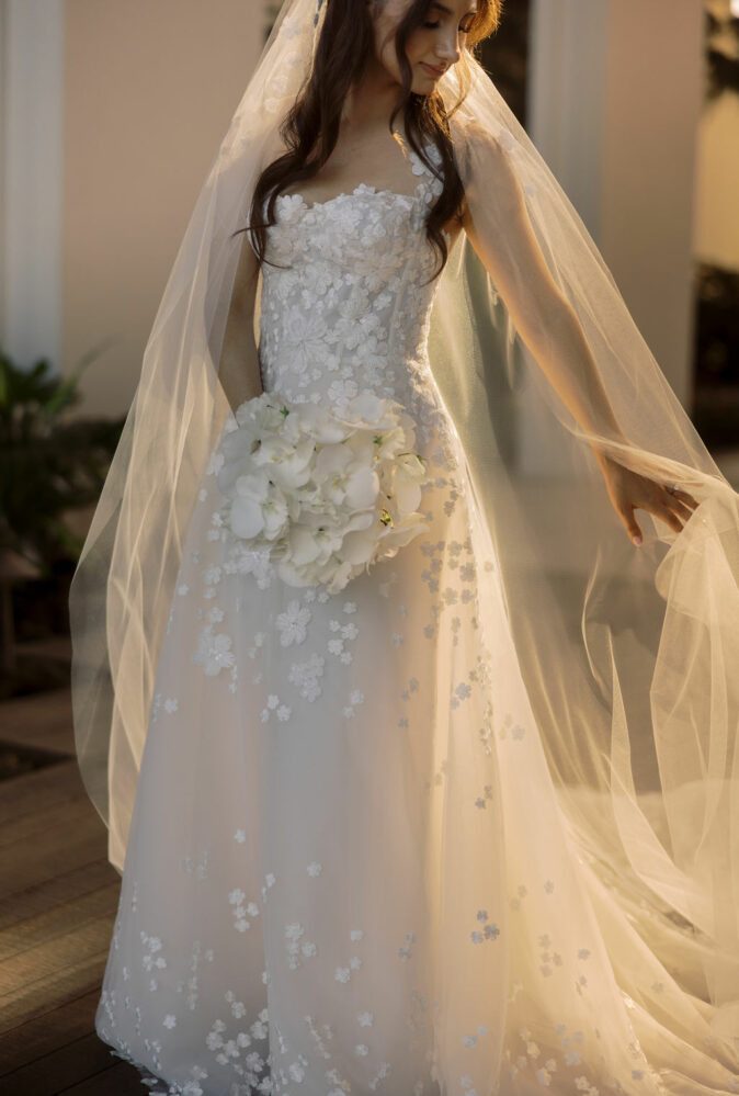 Kimia Sadeghi in custom Karla gown with strap and matching veil