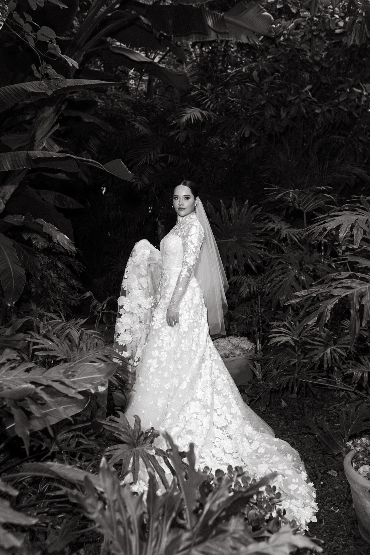 Bride in lace gown among tropical plants.