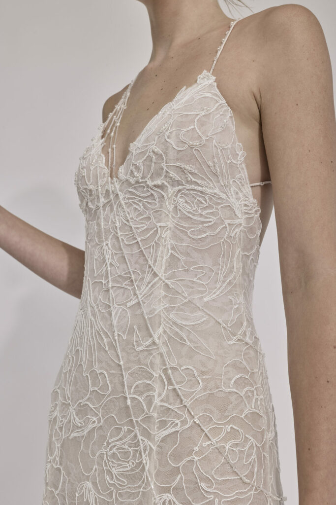 Woman in sheer, lacy bridal dress, upper body visible.