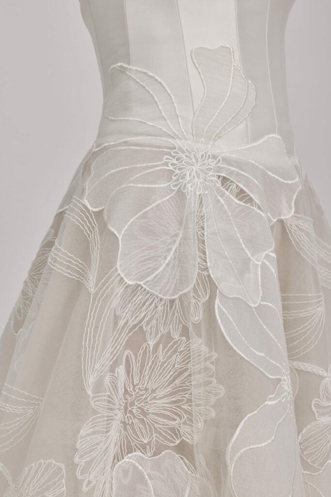 White dress close-up with sheer, floral embroidery.