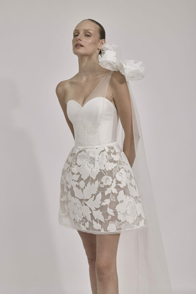 Woman in SS2026 white lace dress, sheer bow.