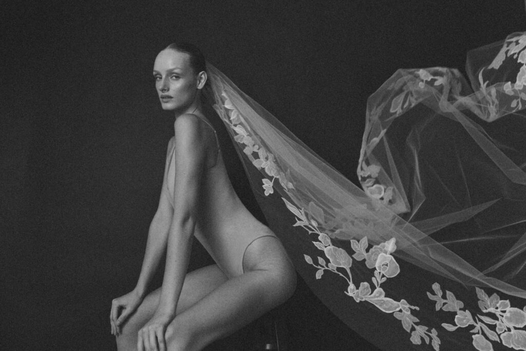 Woman in sheer embroidered veil, seated, dramatic side flow.