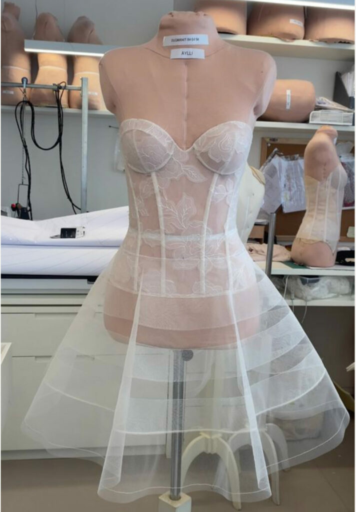 Sheer lace corset dress with tulle skirt in studio.