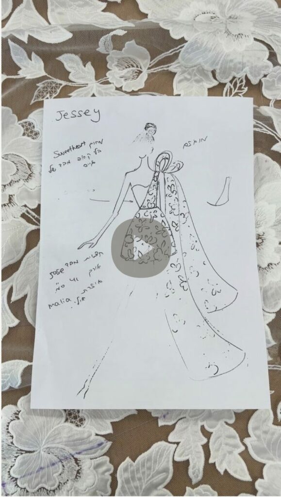 Sketch of woman in ornate gown on floral fabric.