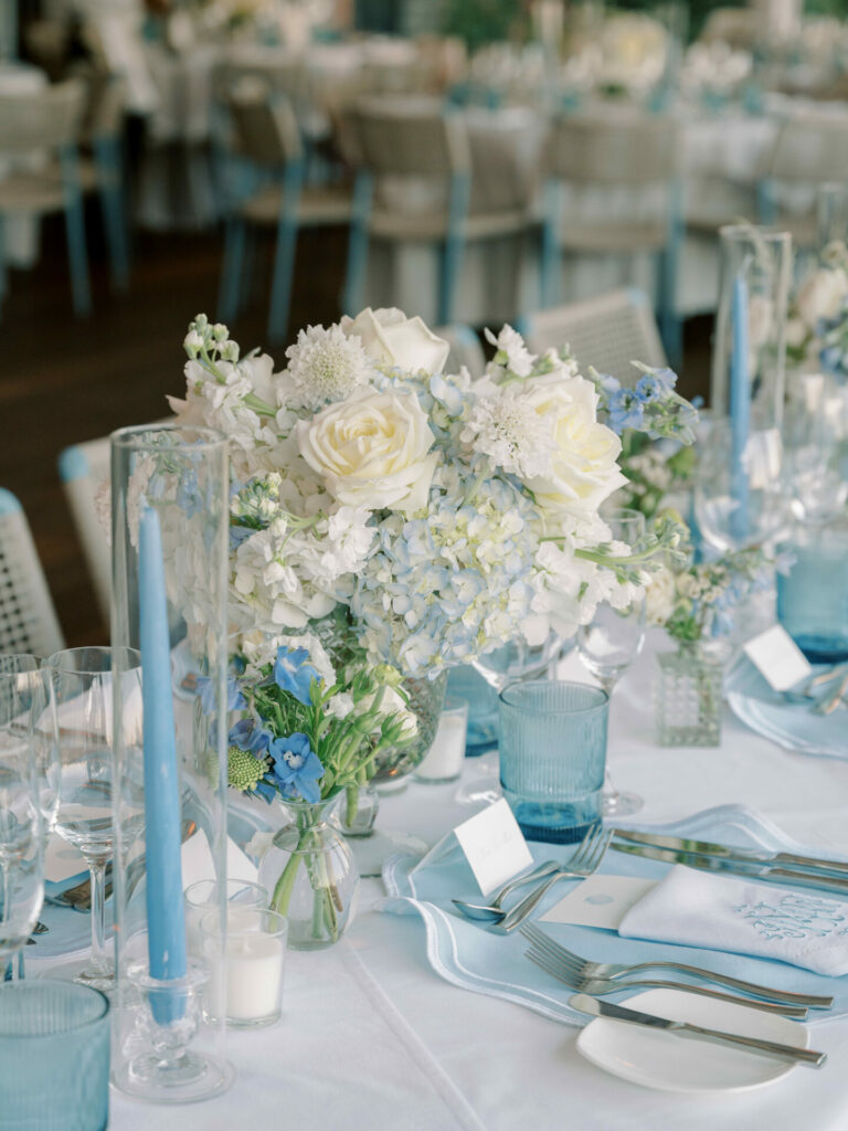 Elegant blue and white table echoes chic bridal style.