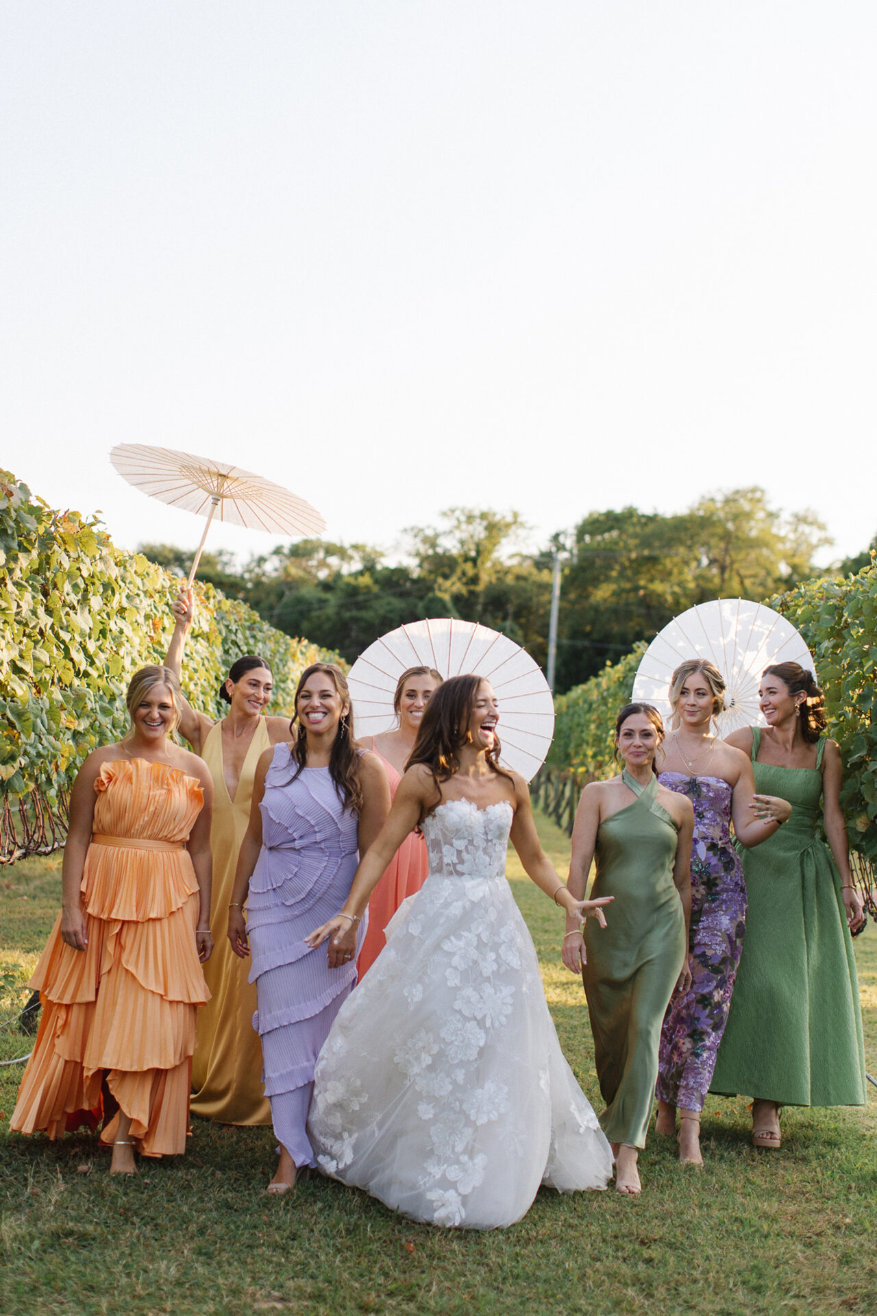 Bride and bridesmaids stroll vineyard with parasols.