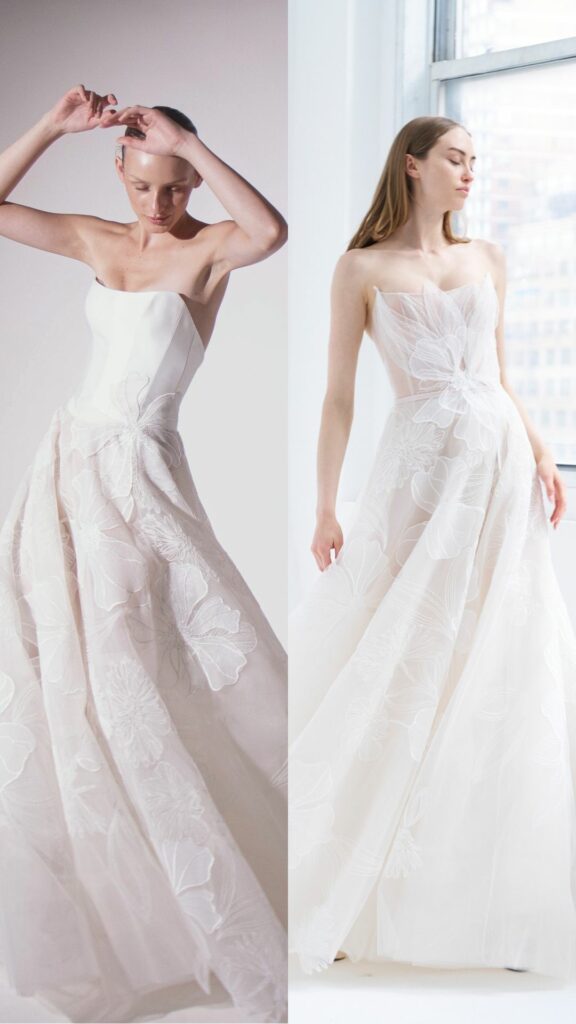 Two women in strapless floral bridal gowns pose.