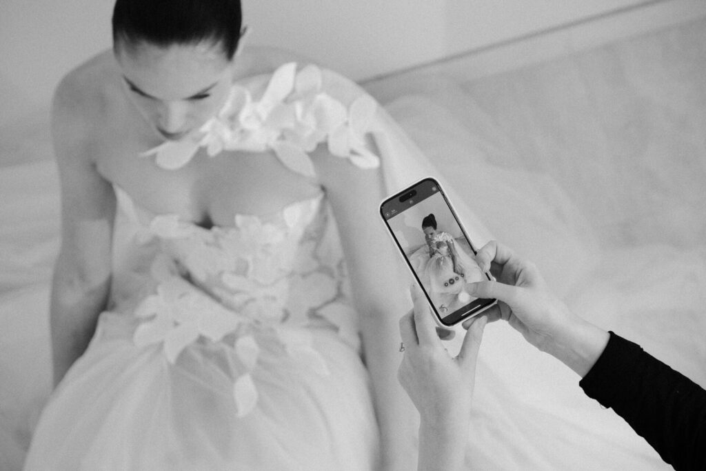 Leafy tulle gown captured by phone, black and white.