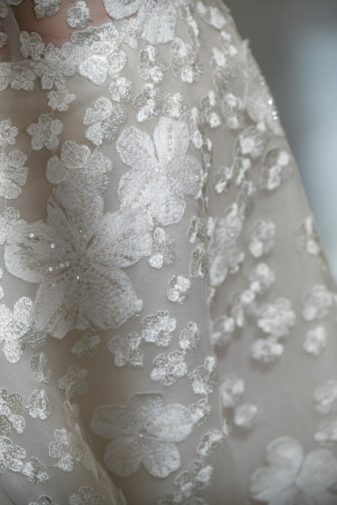 Sheer Ness & Nessia fabric with floral embroidery and sequins.