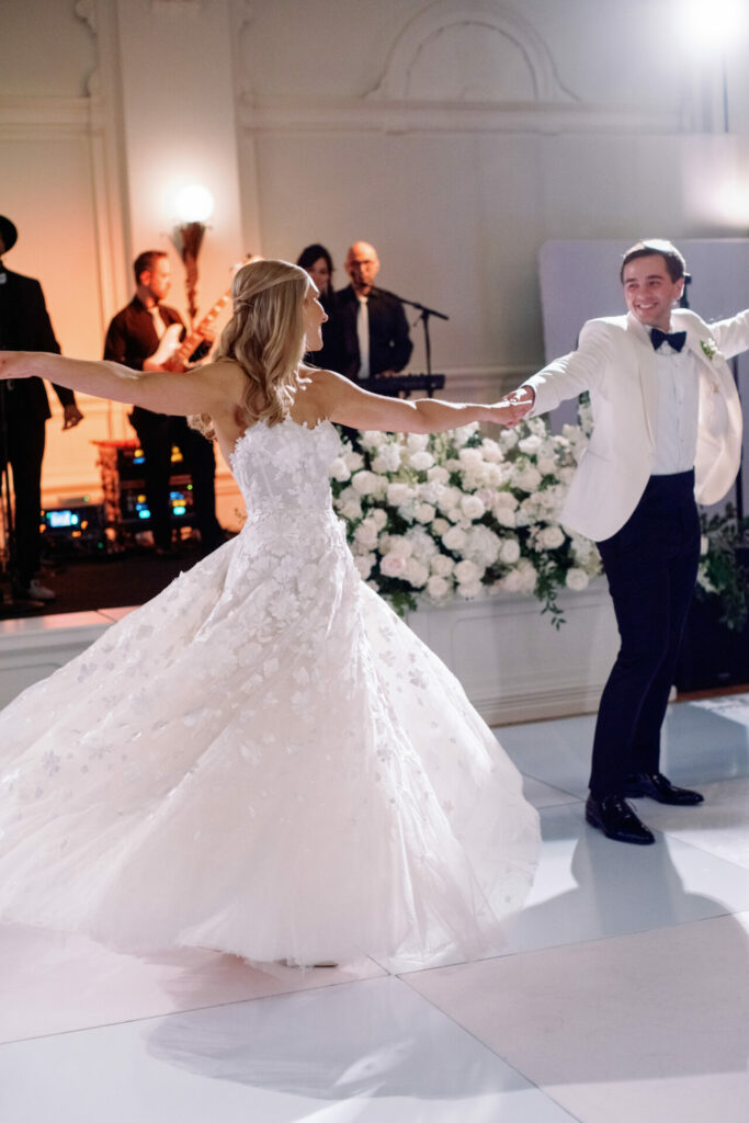 Bride Katya Ruiz twirls in couture gown, groom dances.