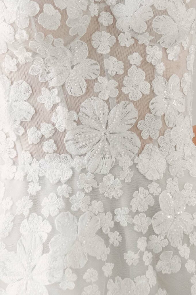 White lace with sheer, embroidered floral patterns.