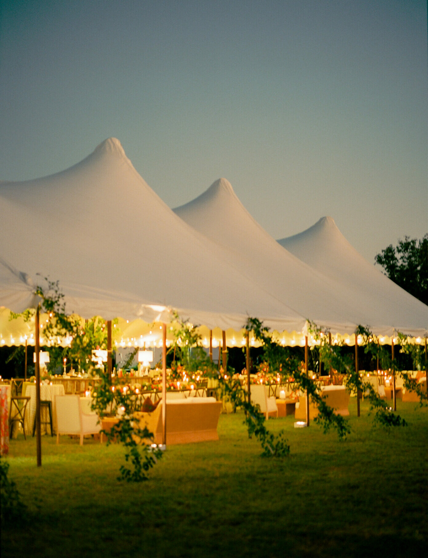 Elegant white tents and string lights for bridal soirée.