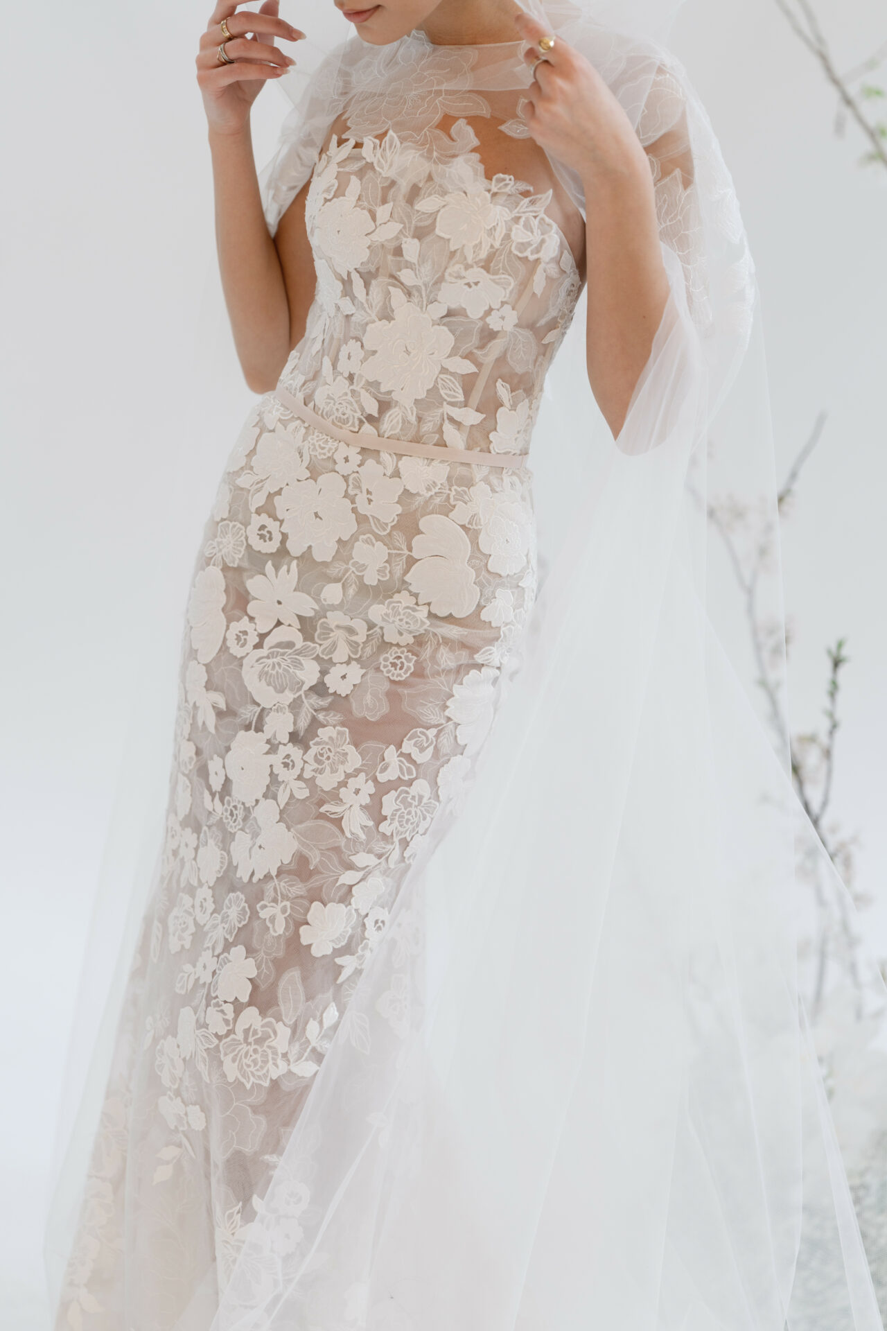 White lace Ness & Nessia wedding gown, tulle cape.