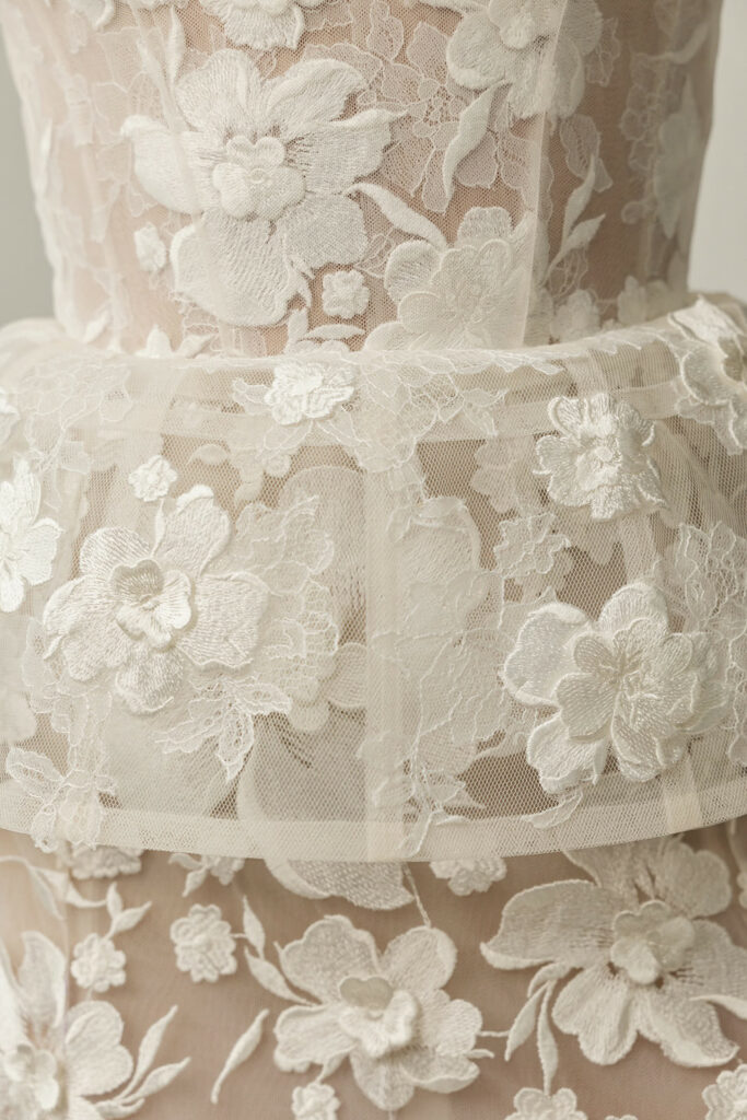 Sheer nude fabric with white floral lace and tulle.