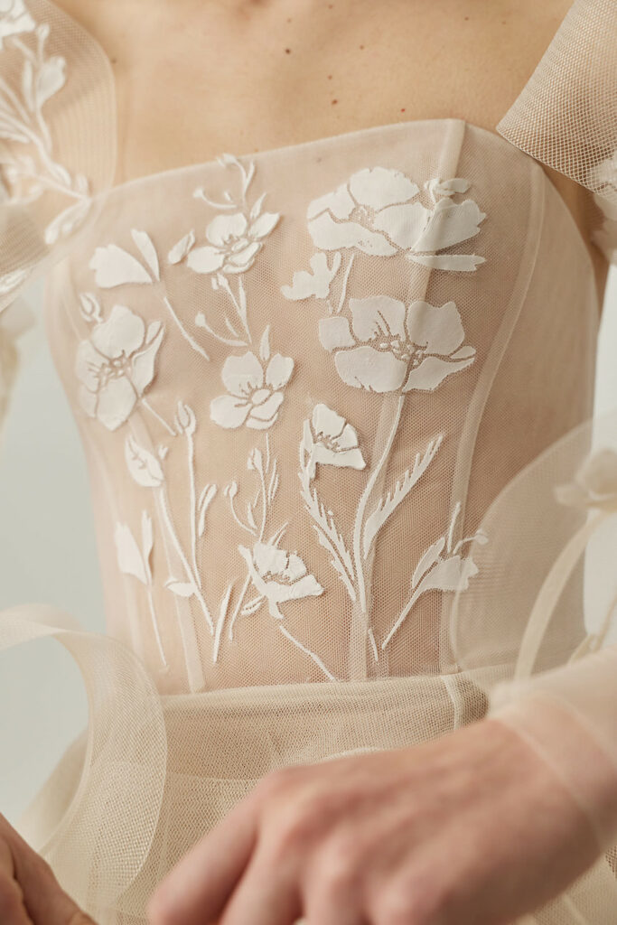 Sheer nude dress with white floral embroidery, SS2026.
