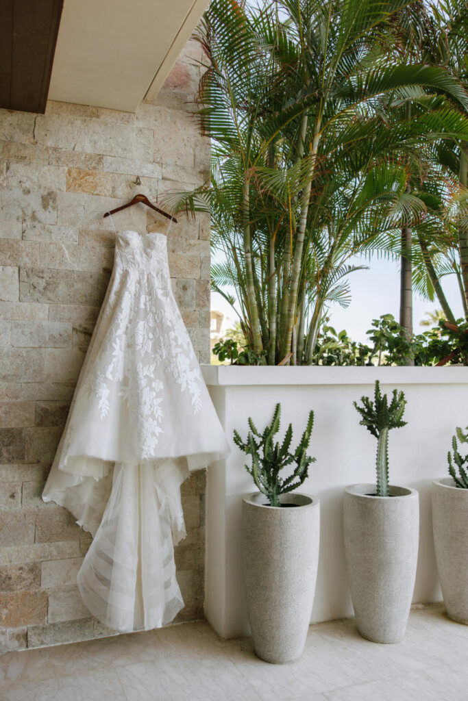 White Mira Zwillinger gown on stone wall by cacti.