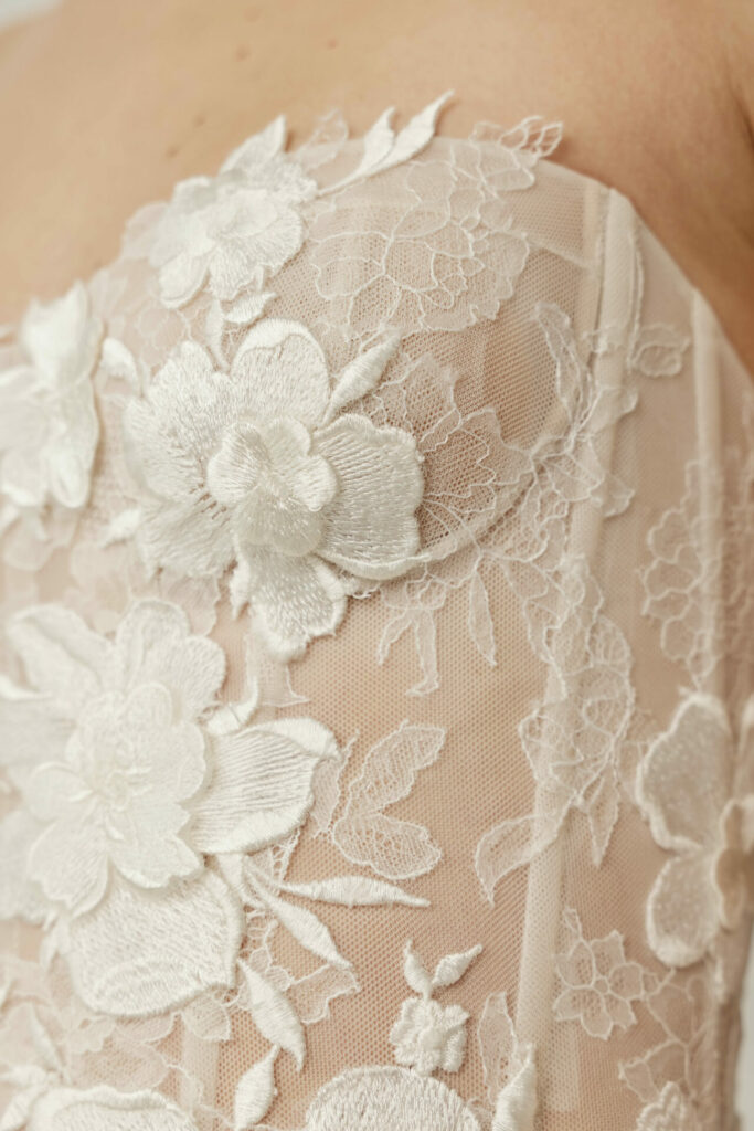 Sheer nude fabric with white lace on shoulder.