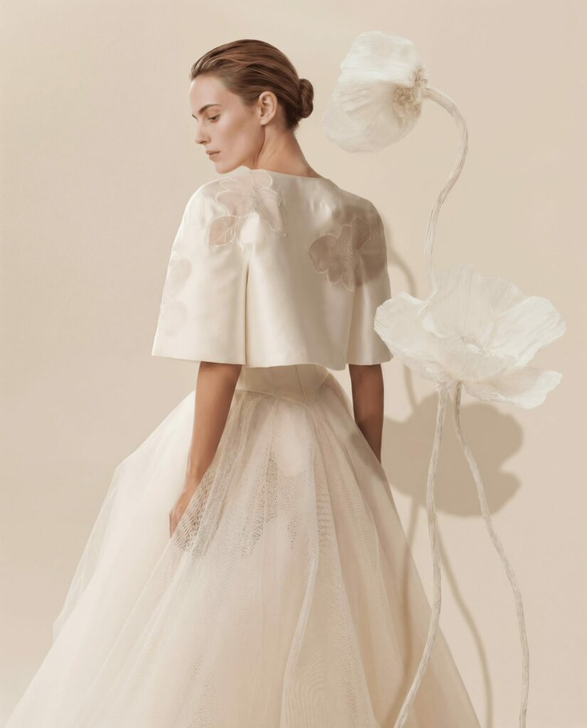 Woman in ivory gown beside two large white flowers.