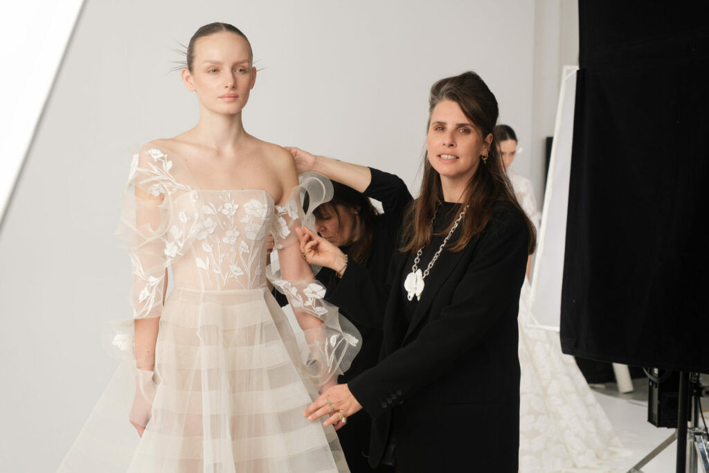 Elka gown with detachable floral-print tulle sleeves — couture transformation by Mira Zwillinger