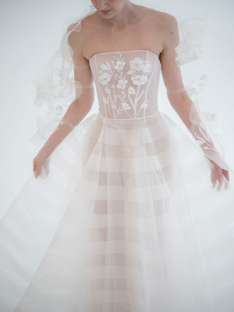 Elka Wedding Dress couture wedding dress by Mira Zwillinger — a Perfect Touch: Detachable Sculptural Sleeves