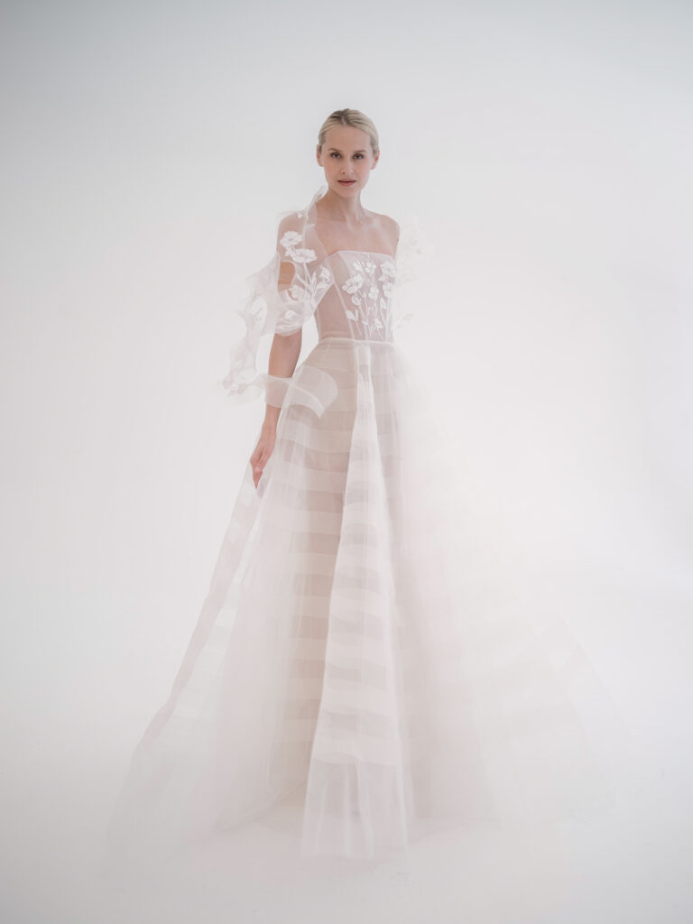 Elka wedding dress styled with detachable sculptural tulle sleeves by Mira Zwillinger