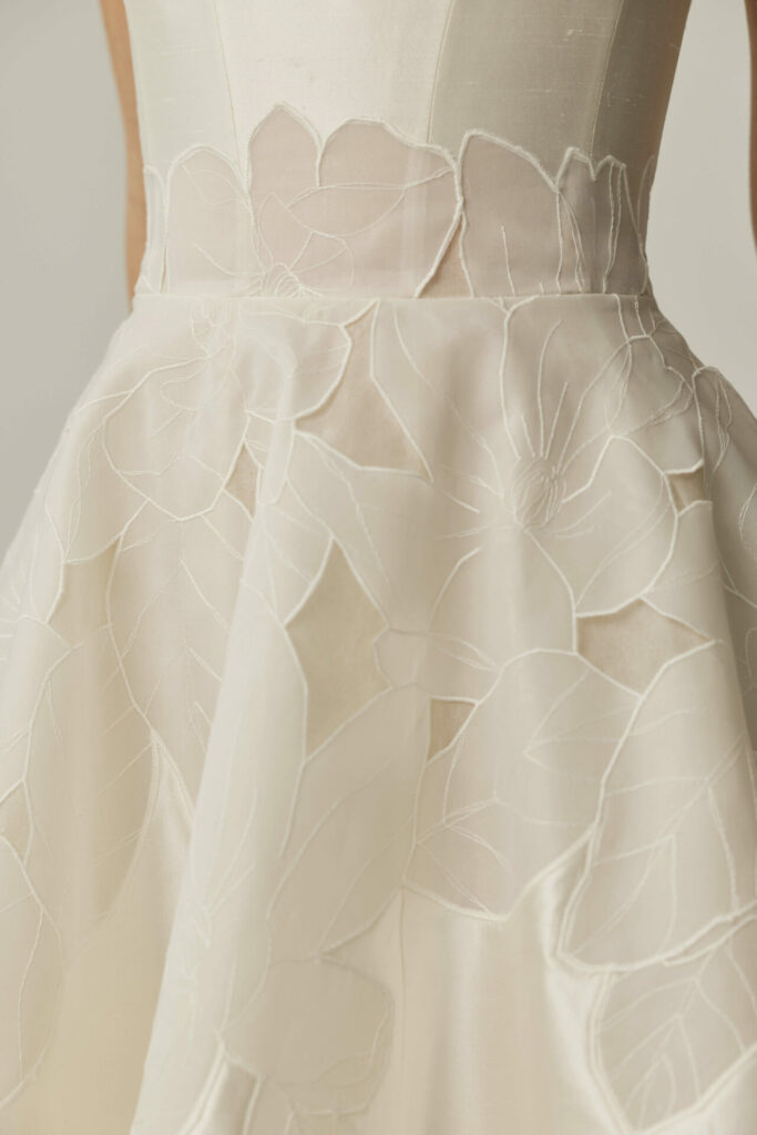 Serina white dress close-up: sheer, floral details.