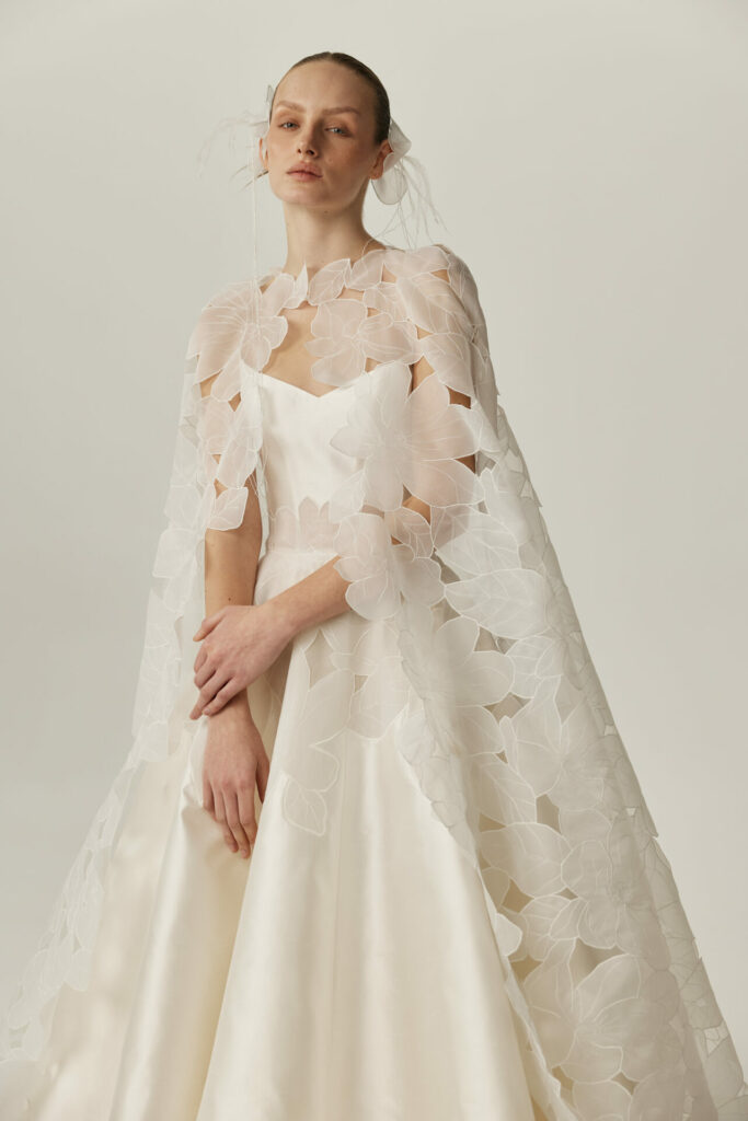 Mara Wedding Gown couture wedding dress by Mira Zwillinger — elevate the Look: The Dramatic Lace Cape