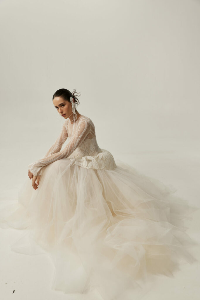 Ena gown with sculpted corset and leaf embroidery by Mira Zwillinger