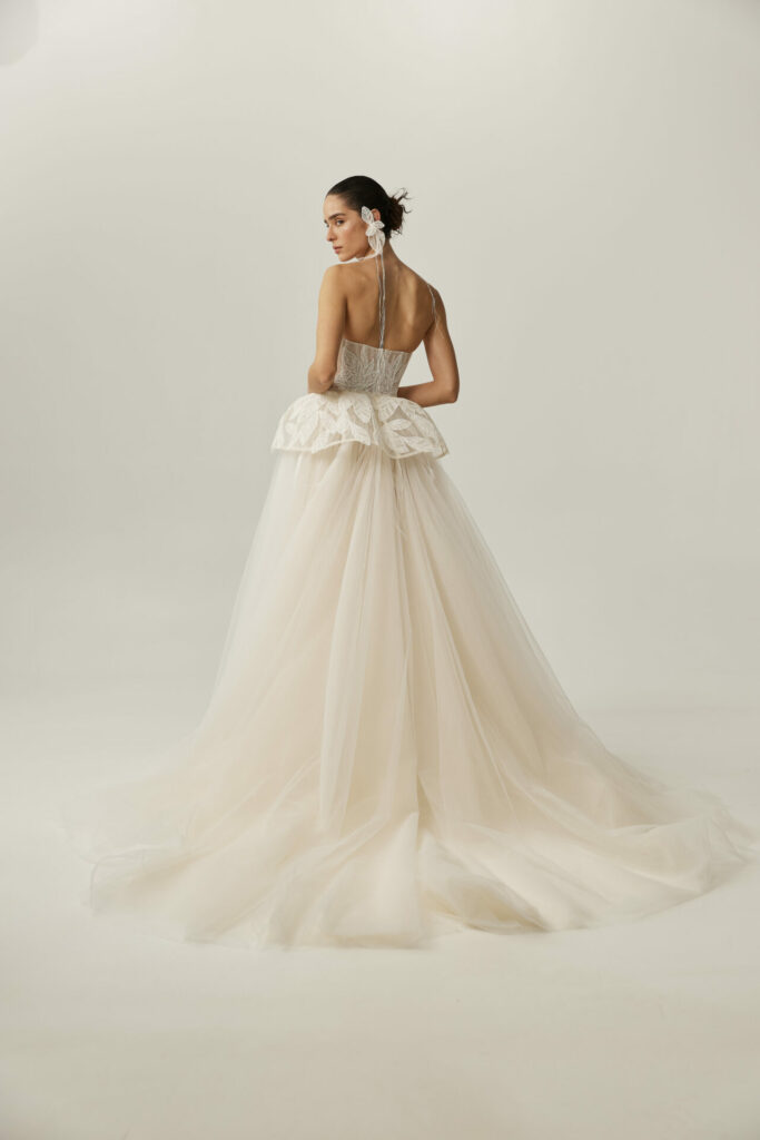 Bride in the Ena sculptural tulle wedding gown by Mira Zwillinger
