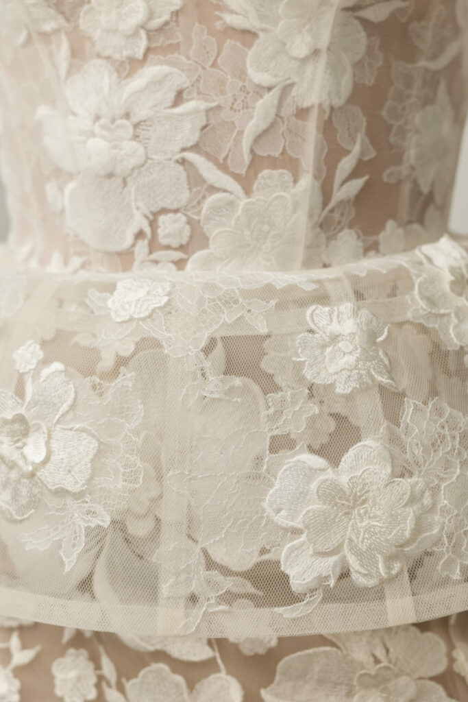 Sheer nude Ness & Nessia fabric with white floral lace.