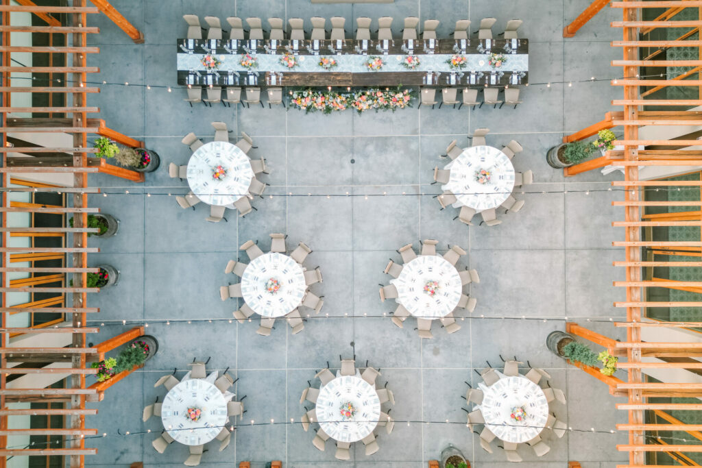 Aerial view of elegant outdoor Claire Storment wedding.