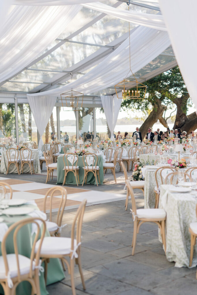 Chic outdoor wedding, clear tent, pastel decor.