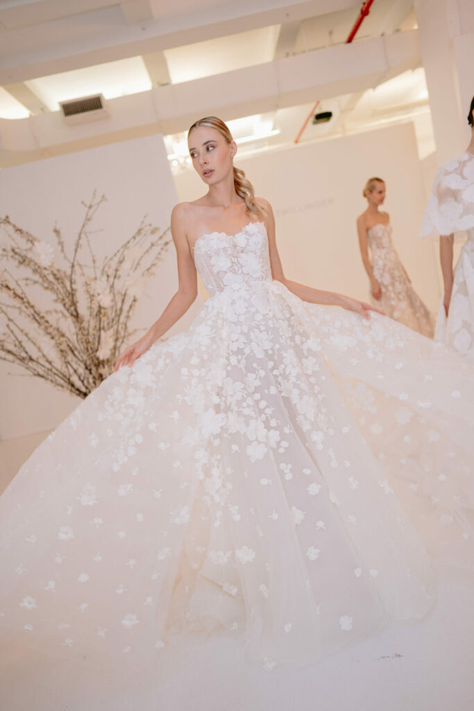 Bride in the Alma floral A-line wedding dress by Mira Zwillinger