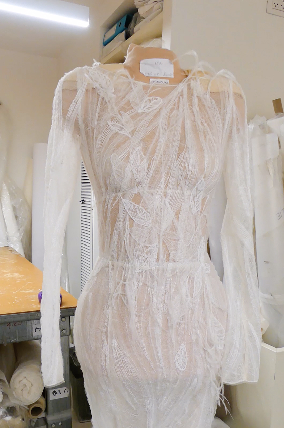 The sheer embroidered Anouka wedding dress by Mira Zwillinger on a mannequin