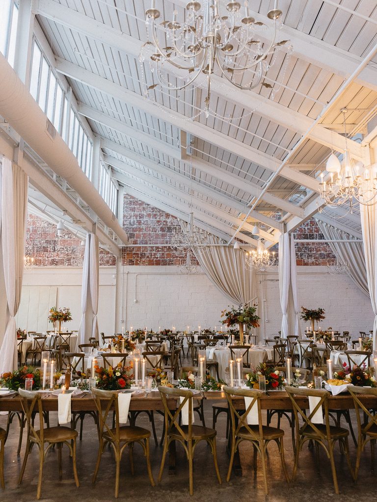 Elegant banquet hall set for luxury wedding.