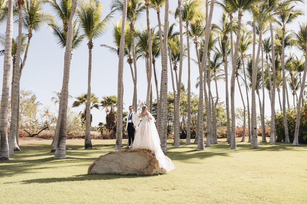 Bride and groom on sunny rock in palm grove.
