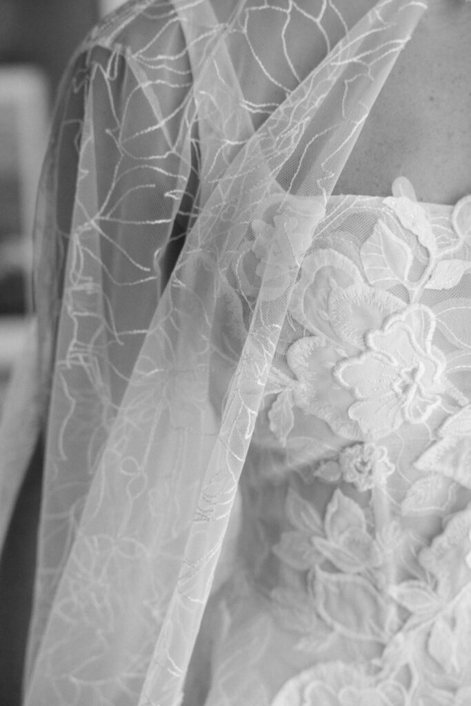 Detailed white lace bridal dress and sheer veil.