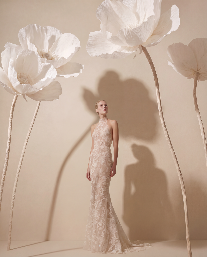 Woman in lace gown with large white paper flowers.