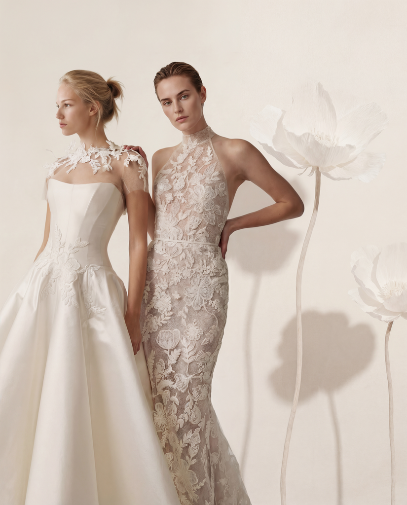 Women in elegant wedding gowns beside large white flowers.